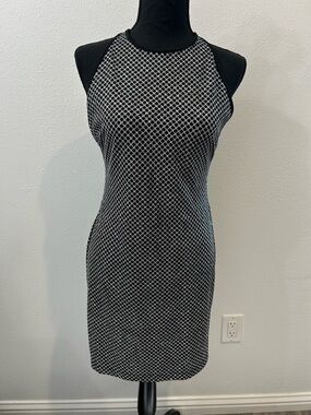 B Darlin Black Midi Dress with White Mesh Overlay